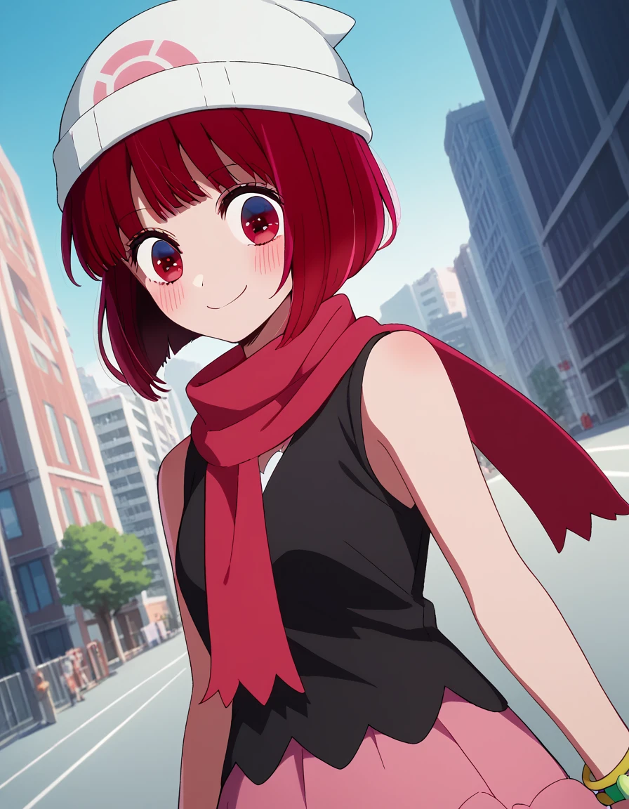 score_9, score_8_up, score_7_up, source_anime, kanaarima, <lora:kana-arima-s1-ponyxl-lora-nochekaiser:1>, kana arima, short hair, bangs, red eyes, red hair, bob cut,, <lora:dawn-pokemon-cosplay-ponyxl-lora-nochekaiser:1>, dawnpokemoncosplay, dawn \(pokemon\) \(cosplay\), bare shoulders, beanie, black shirt, black socks, bracelet, hat, jewelry, kneehighs, miniskirt, pink skirt, red scarf, scarf, shirt, skirt, sleeveless, sleeveless shirt, white headwear,, cityscape, street, smile, blush,, cowboy shot, dutch angle, solo,