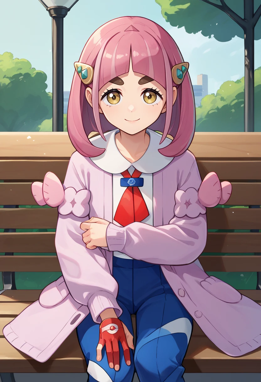 score_9, score_8_up, score_7_up, source_anime, solo, 1girl, pokemonlacey, smile, looking at viewer, sitting, park bench, arched bangs, hairclip, eyelashes, thick eyebrows, pink coat, open coat, purple cardigan, open cardigan, long sleeves, white shirt, collared shirt, red neckerchief, red gloves, single glove, partially fingerless gloves, blue pants, outdoors <lora:pokemon_lacey_ponyXL:1>