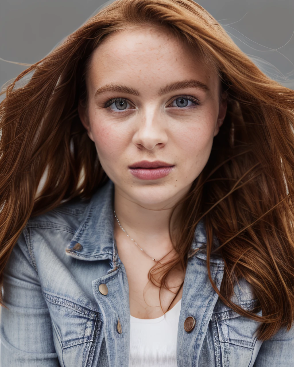 sssink, professional portrait of 1girl in a denim jacket, lip gloss, lips, youthful, pretty face, necklace, face details, looking at viewer, lips parted (Vienna abackground), sharp focus,
