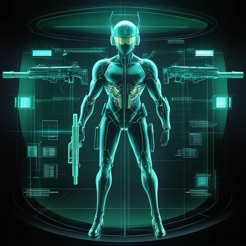 quanxi3d,a holographic projection,A cybernetic warrior, adorned inbodysuit, wearing an intelligent augmented helmet, wielding energy weapons, possessing powerful cybernetic enhancements, adept at rapid target acquisition and system hacking, with a green light, with a black background , gridlines,<lora:quanxi31305-000028:1>