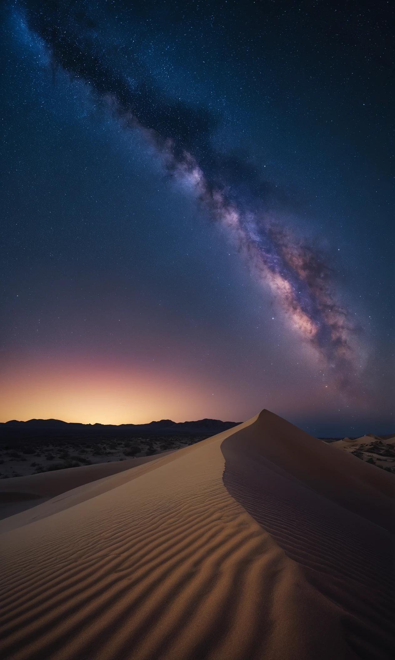 A high-resolution photograph of a desert landscape at twilight, with the Milky Way arching over the horizon. The sand dunes are illuminated by the soft, ethereal light of the setting sun, and the sky is filled with stars. Shot with a Sony A7R IV, 16-35mm f/2.8 GM lens, f/2.8 aperture, 20 sec shutter speed, ISO 1600. The focus is on capturing the serene beauty and the sense of wonder of the desert night sky. Masterpiece, by Peter Lik, high resolution detail, studio photo quality