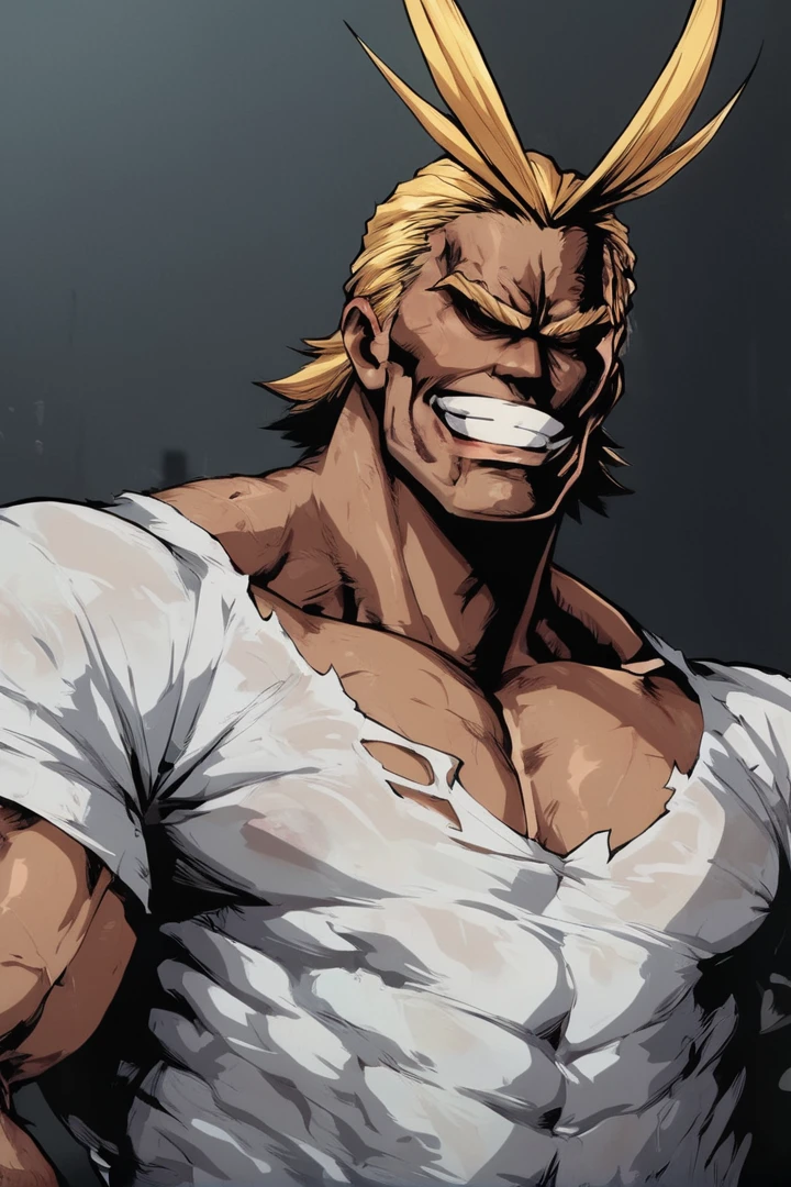 score_9, score_8_up, score_7_up, source_anime, source_explicit
all-might, blonde hair, grin, antenna hair, muscular, male focus, solo, black hallow eyes, white shirt, rough shadows
<lora:detailed_notrigger:1><lora:All_Might_-_Boku_No_Hero_-_My_Hero_Academia:1> <lora:twilight:1>