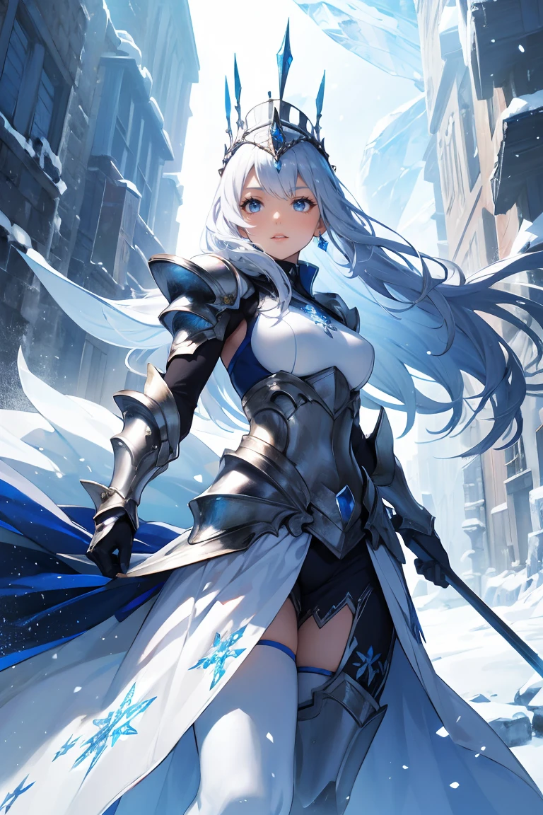 A female warrior, dressed in shimmering silver armor, crowned with a diadem of ice crystals, and her hair flowing **** frost. Her armor is detailed with frost-**** engravings and blue gemstones. She wields a gleaming ice blade. The background is a swirling snowstorm, with icicle formations, conveying a chilling yet majestic atmosphere. The scene is dominated by shades of white and pale blue, creating a stark and regal contrast