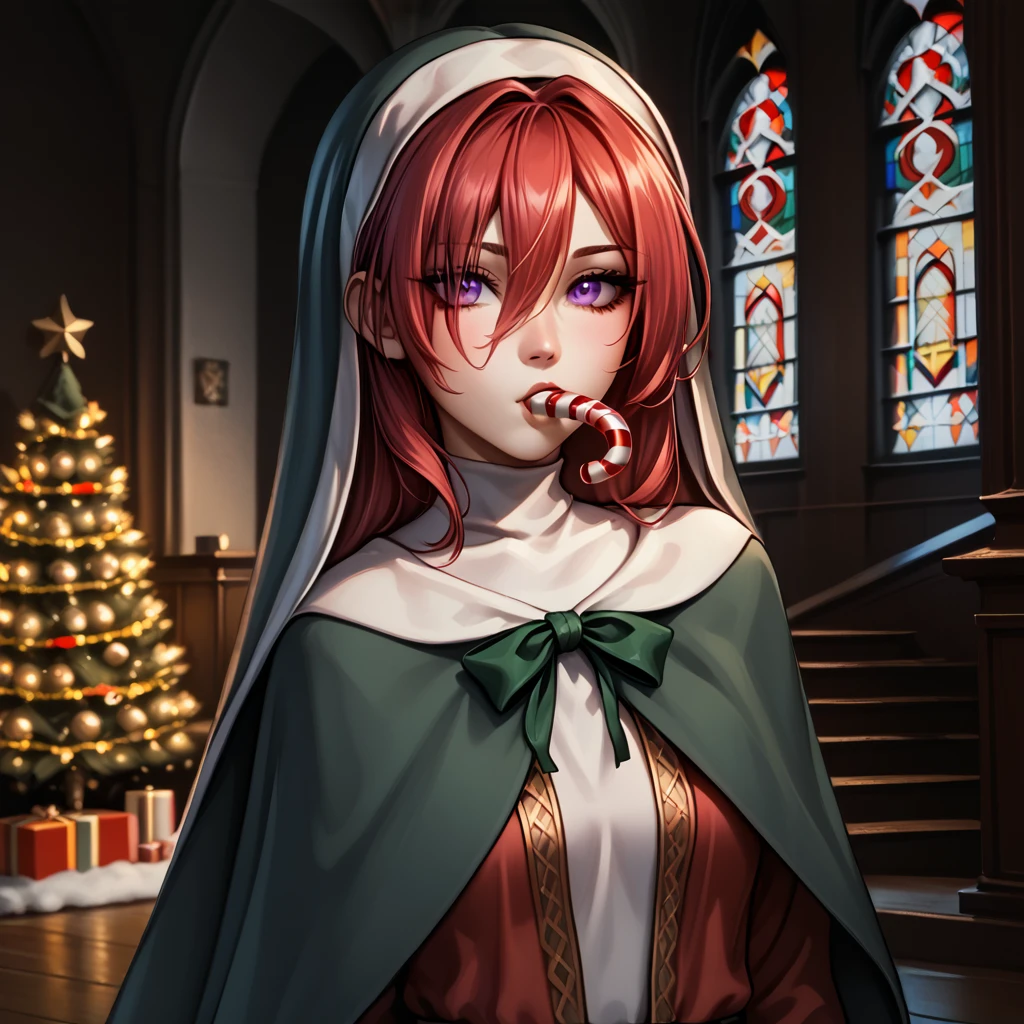 score_9,score_8_up,score_7_up,source_anime,
cowboy shot,<lora:sis (4):1>,sister friede,1girl,solo,hooded cape,dress,hood down,purple eyes,red hair,hair over eye,hair between eyes,looking at viewer,sucking on a candy cane,christmas,christmas tree,indoors,church,depth of field,