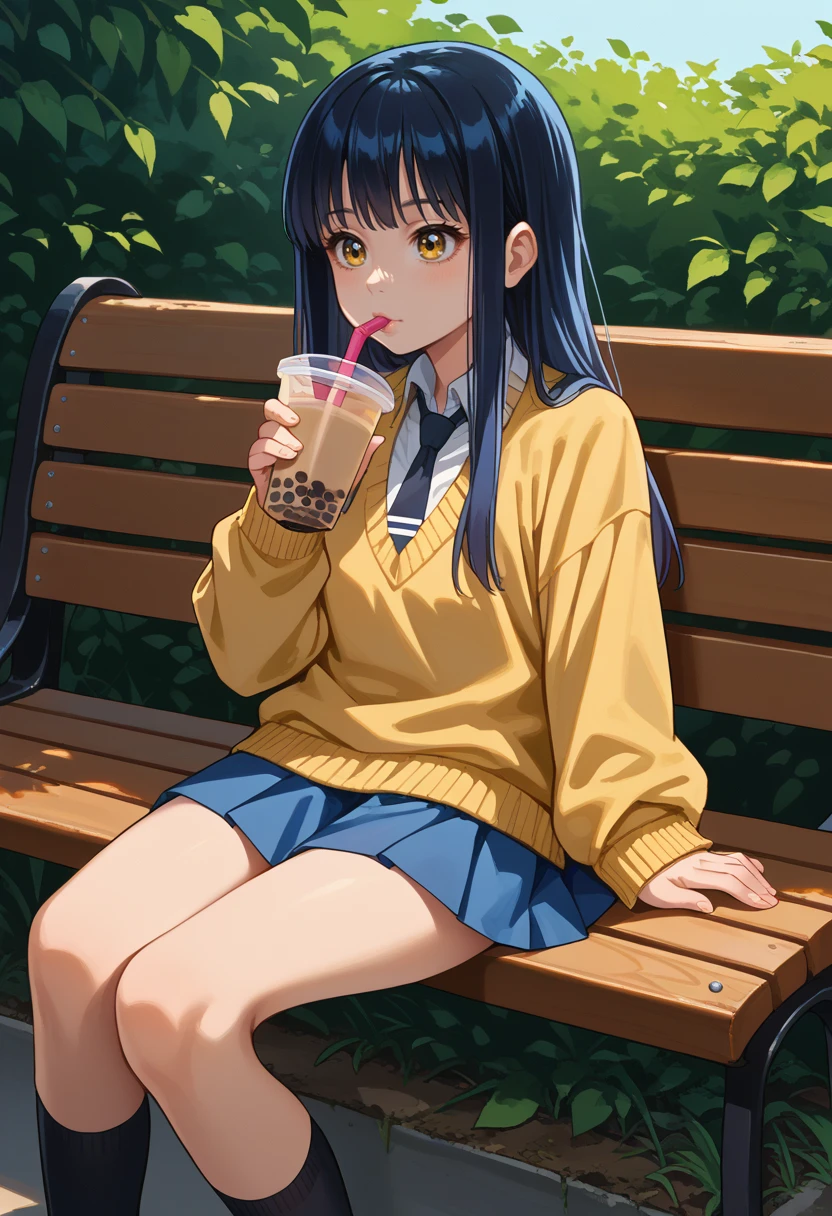 score_9, score_8_up, source_anime, 1girl, solo, YotsuyaMiko, bangs, long hair, yellow sweater, collared shirt, blue necktie, blue skirt, black socks, kneehighs, outdoors, sitting, on bench, drinking, sipping, straw, bubble tea, <lora:ChamYotsuyaMikoPonyXL:1>