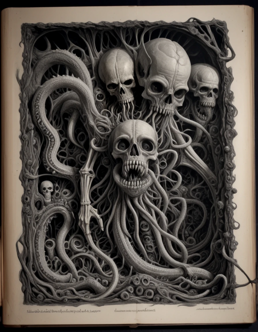 necronomicon, monochrome, teeth, book, no humans, traditional media, sharp teeth, tentacles, skull, monster, realistic, graphite \(medium\), pencil, skeleton, bone, horror \(theme\), eldritch abomination
 <lora:necronomicon:1>