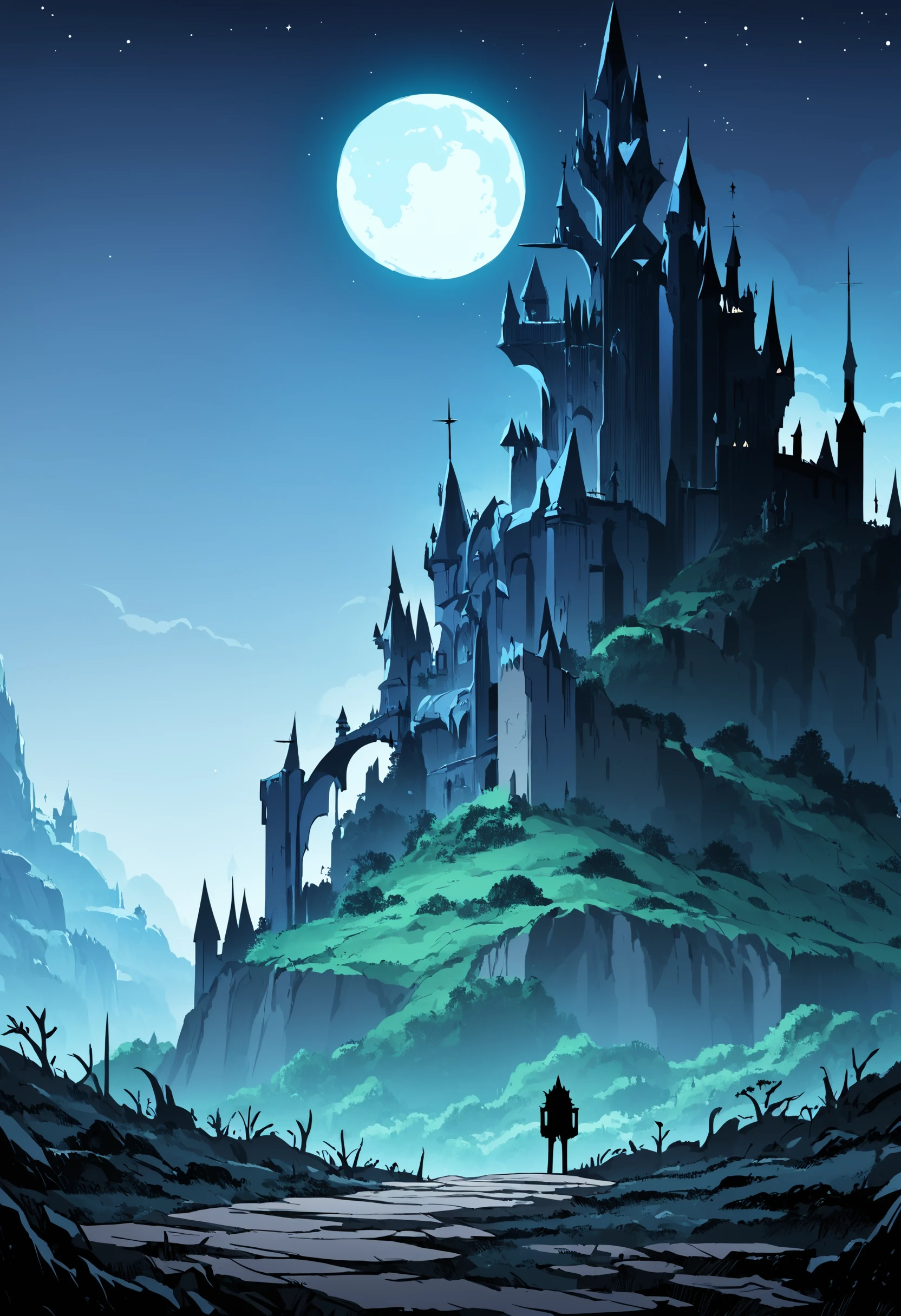 score_9, score_8_up, score_7_up, giant ominous gothic castle, mountain cliff, landscape, masterpiece, melancholy, sad, depressing, at night, dark, [[moon]], stars, stone path leading up to a gothic castle, ominous shadowy figure,
<lora:scav3ngersV4_epoch_3:1>