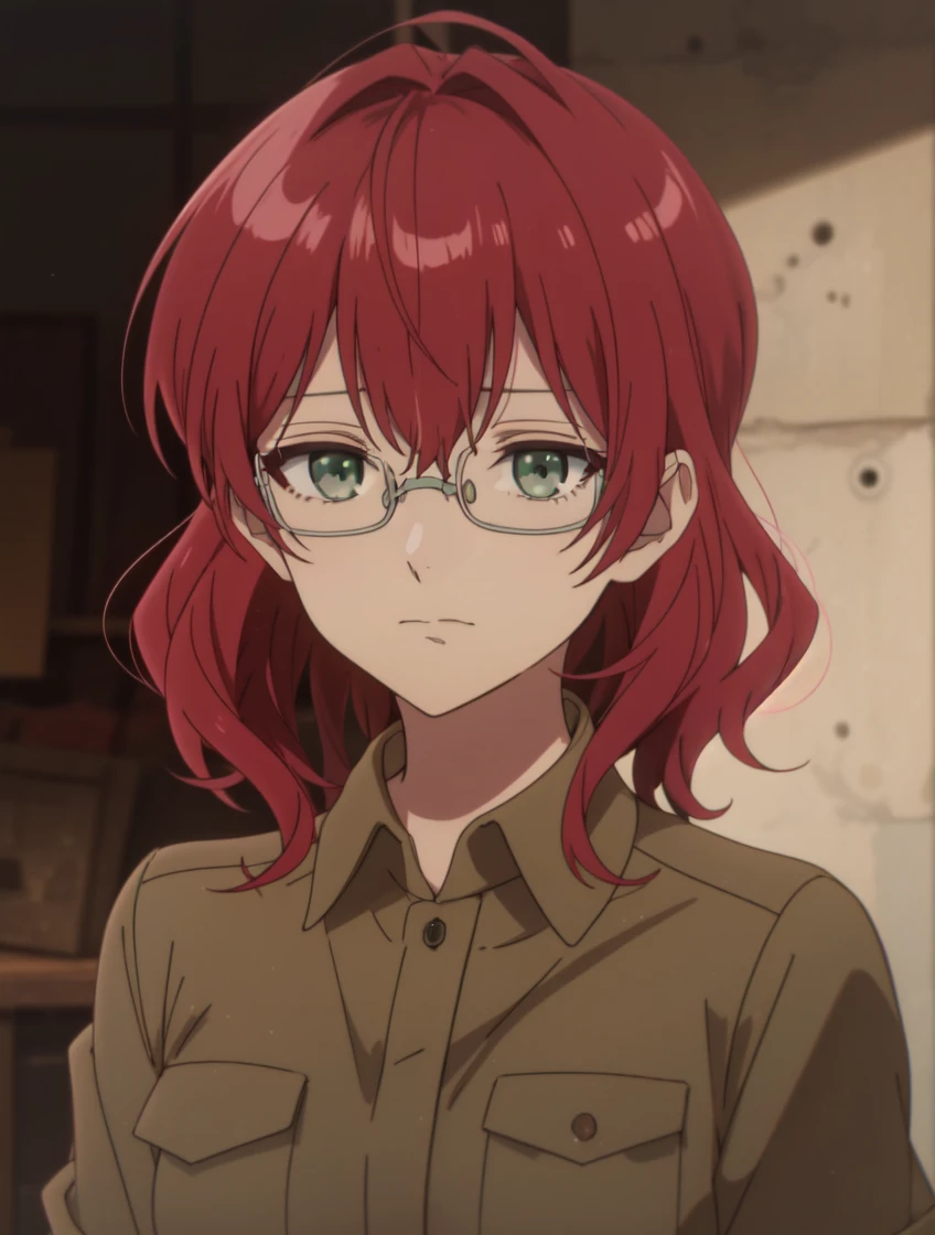 masterpiece, best quality,
anime screencap,
<lora:dahlia.sd15.v1:0.7> dahlia
1girl,solo, teenager,
brown shirt, collared shirt,
grey glasses,
green eyes,
serious, stern looking,
standing,