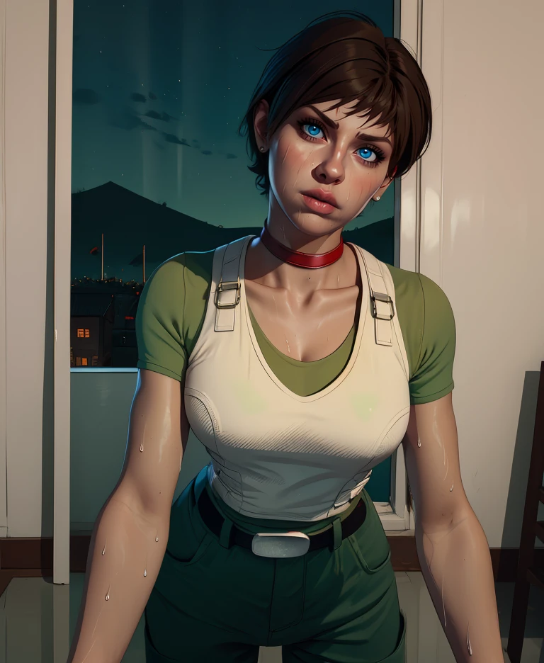 rebbecca,blue eyes,brown hair,short hair,
green shirt,white vest,belt,short sleeves,red choker,green pants,
cleavage,sweat,
night,town,indoors,evening,
(insanely detailed,  masterpiece, best quality),solo,<lora:Rebbeccachambers:0.9>,