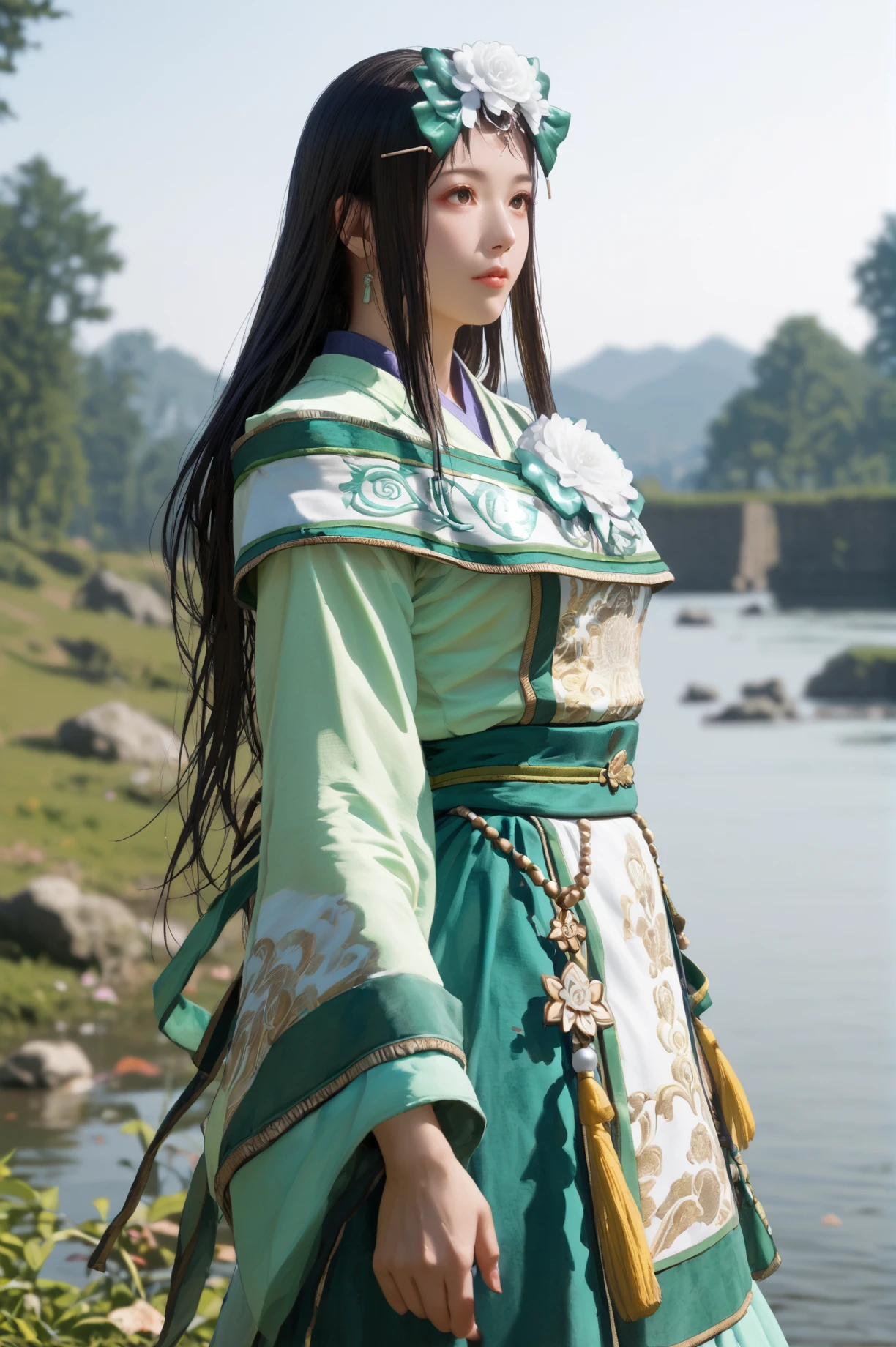 score_9, score_8_up, score_7_up, masterpiece, best quality, perfect anatomy, BREAK <lora:Xiahouji_Dynasty_Warrior:0.7> 1girl, solo, long hair, black hair, hair flower, chinese clothes, cowboy shot