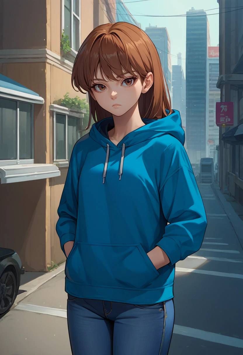 score_9, score_8_up, score_7_up, source_anime, solo, 1girl, dqdaisy, expressionless, looking at viewer, standing, hands in pockets, brown hair, brown eyes, blue hoodie, hood down, jeans, outdoors, city street <lora:dq_daisy_ponyXL-000008:1>