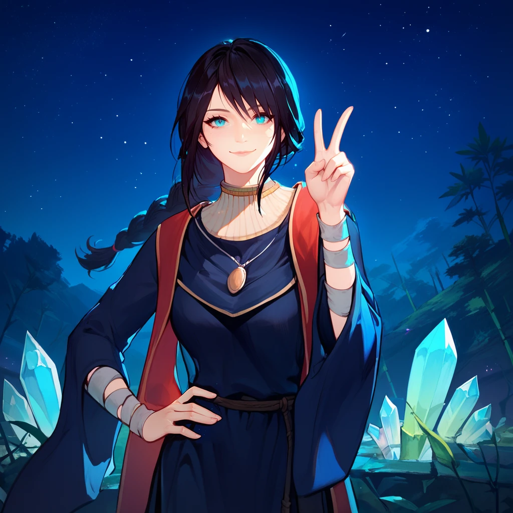 1girl,solo,<lora:sel (4):1>,sorceress sellen,magician robes,bandaged foot,blue eyes,black hair,braid,necklace, looking at viewer,smile,closed mouth,hand up,v,hand on own hip,standing,outdoors,bamboo forest,night,night sky,star \(sky\),crystal,, score_9, score_8_up, score_7_up, perfect anatomy, source_anime, zPDXL2,