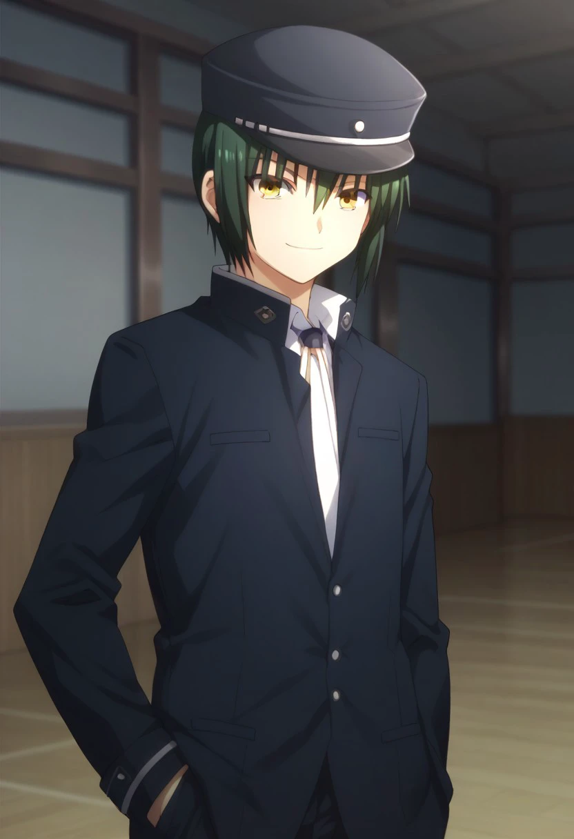 score_9, score_8_up, score_7_up, source_anime, highly detailed, 
ayato, 1boy, male focus, hat, green hair, solo, school uniform, yellow eyes, hand in pocket, gakuran, smile,
indoor,