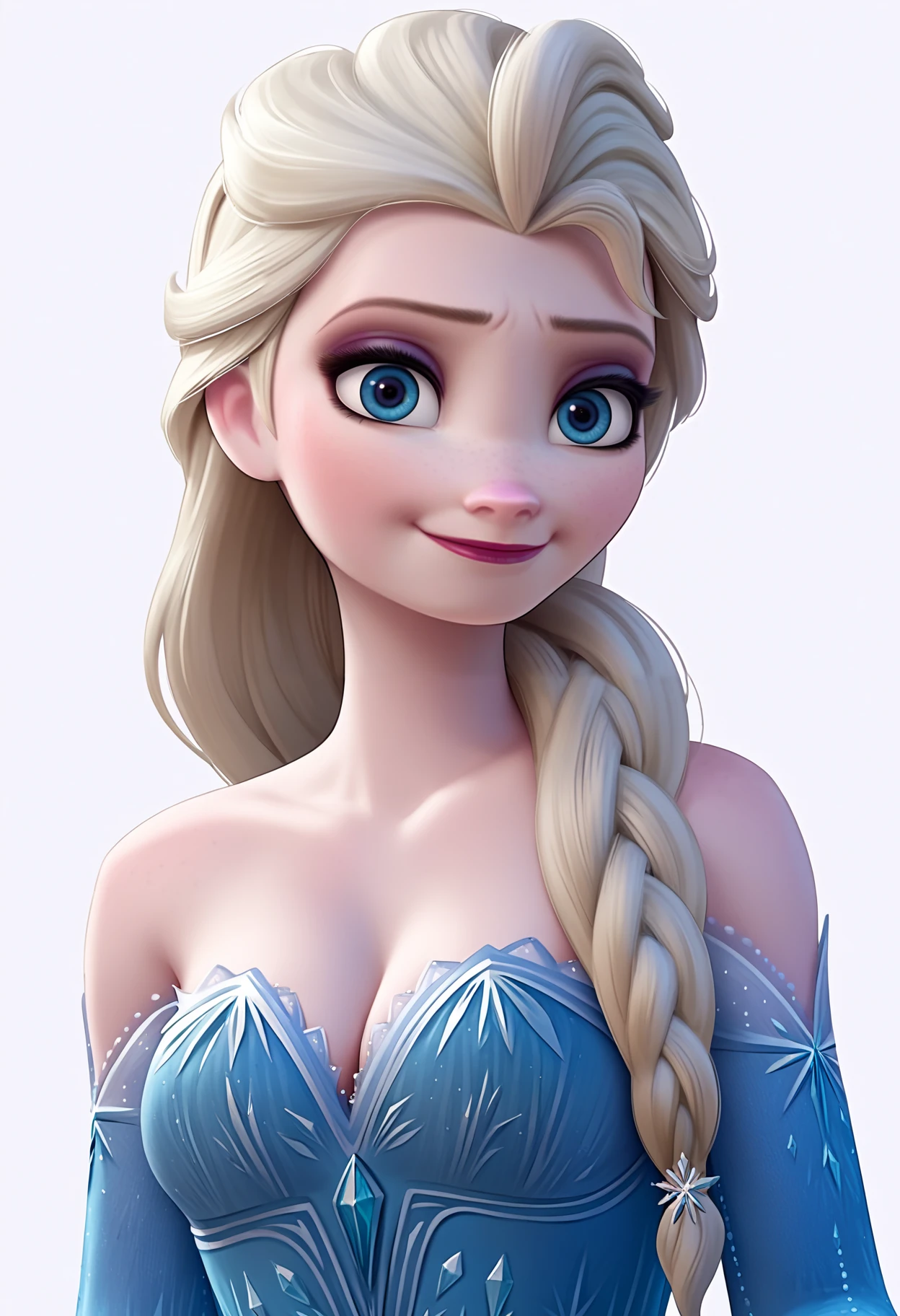 score_9, score_8_up, score_7_up, score_6_up, score_5_up, score_4_up, BREAK, source_anime,
1girl, elsa \(frozen\), blonde hair, hair over shoulder, long hair, blue eyes,
blue dress, bare shoulders, cleavage, makeup,
closed mouth, smile, looking at viewer, solo, simple background, white background  <lora:ElsaXL:1>