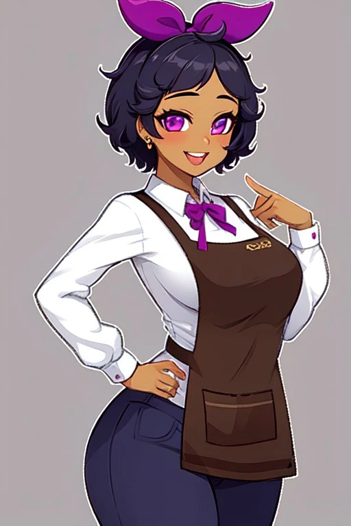 LotusCrushCrush, 1girl, solo, short hair, white shirt, black hair, long sleeves, purple eyes, hair ribbon, hair bow, collared shirt, pants, dark skin, apron, dark-skinned female, purple bow, brown apron, large breasts, thick thighs, thick ass, simple background, looking at viewer, (HD, 4K, High quality),