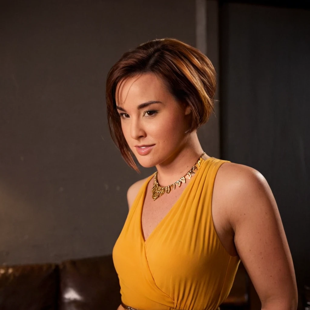 cinematic film still of <lora:Allison Scagliotti:1>
<lora:perfection style:1> perfection style
Allison Scagliotti a woman in a yellow dress posing for a picture, movie themed, sharp, detailed, epic cinematic photography, artistic, dramatic light, cinematic color style, Allison Scagliotti style, 1girl, solo, looking at viewer, smile, short hair, brown hair, dress, brown eyes, jewelry, teeth, sleeveless, belt, necklace, grin, freckles, realistic, yellow dress, upper body, shallow depth of field, vignette, highly detailed, high budget, bokeh, cinemascope, moody, epic, gorgeous, film grain, grainy