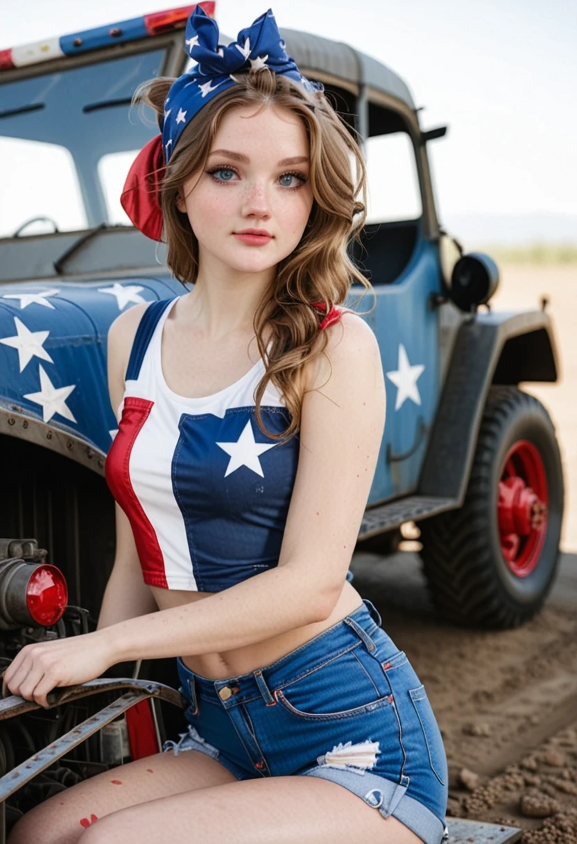 <lora:Jamie - The RBAAG_epoch_10:0.8>J4mi3, 1girl, american flag, armpits, bandana, blue eyes, blurry background, denim, denim shorts, freckles, ground vehicle, lips, long hair, looking at viewer, motor vehicle, patriotic, shorts, sitting, solo, suspenders, tied shirt  , subsurface scattering, Photorealistic, Hyperrealistic, analog style, realistic, film photography, soft lighting, heavy shadow