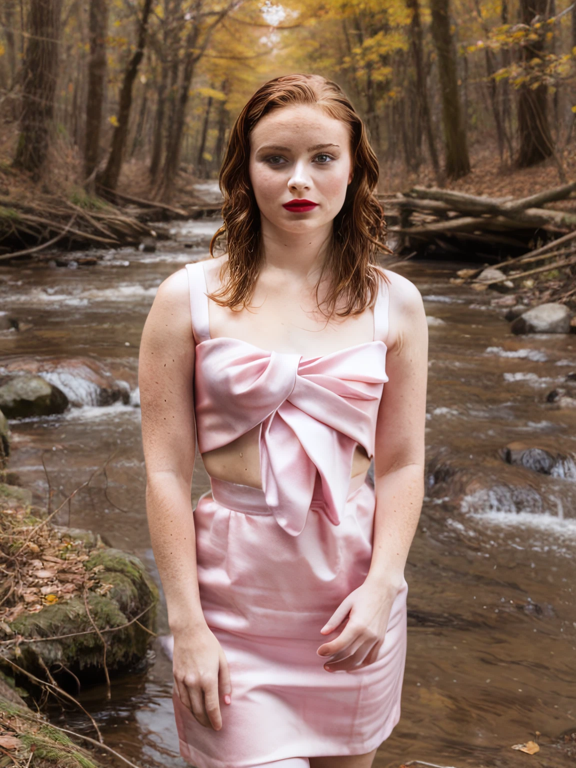 sssink, professional portrait of 1girl, curly hair, shiny hair, red hair, eye focus, blue eyes, lipstick, yellow dress, standing in river, forest river, ((yellow)), depth of field, lips

