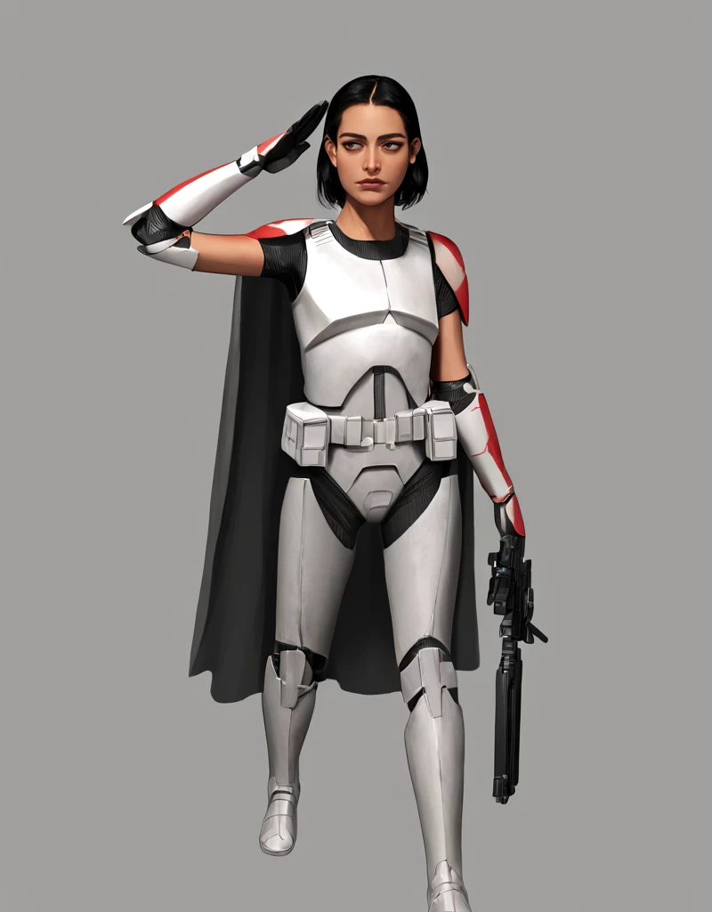 score_9, score_8_up, score_7_up, score_6_up, score_5_up, score_4_up,  photorealistic, realistic, , gray background, spacecraft interior,  Clone-Trooper, Clone-Wars, 1girl, female focus, armor, parody, black hair, short hair, tan skin, red decals, science fiction, salute, holding weapon, realistic, dust, no humans, assault rifle, nature, sword, multiple boys, window, outstretched arms, gun, power armor, 1boy, cape <lora:Phase_I_Clone_Trooper:1>