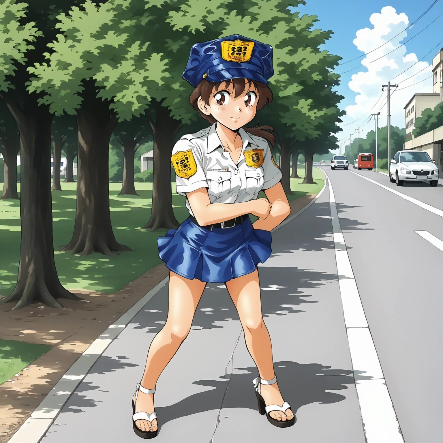 <lora:SMPKyokoSakuradaXLpony001>,
solo,
KyokoSakurada,1girl,brown hair,low ponytail,brown eyes,
police hat,
white shirt,short_sleeves,
mini skirt,
sandals,high_heels,
outdoors,
full body,