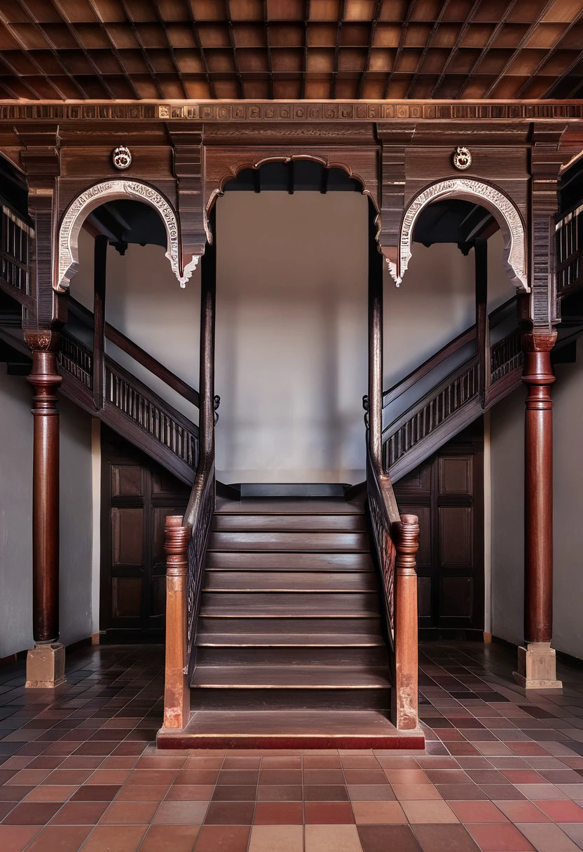 An architectural marvel, possibly a historical or cultural site. It features a multi-tiered structure with wooden balconies, intricately carved wooden beams, and ornate railings. The ground floor has a series of stone steps leading up to the balcony. The walls are adorned with faded paintings and carvings. The overall color palette is muted, with earthy tones dominating. The space seems to be open, with no visible occupants, and the ambiance evokes a sense of serenity and nostalgia., Indian_Building, InteriorType:MansionStairWay