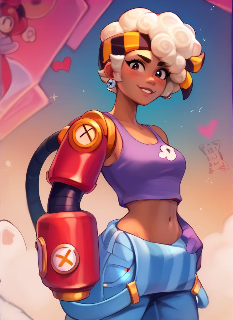 score_9, score_8_up, score_7_up bsmaisie, 1 girl , blonde hair , hairband , dark-skinned female, single mechanical arm, single arm in waist  , purple tank top , navel ,overalls  , looking at viewer,  <lora:bsmaisie-000006:0.9>smile , blush,   ,from side,  <lora:Kittew-4RCH0N:1>4RCH0N ,Hands on the waist