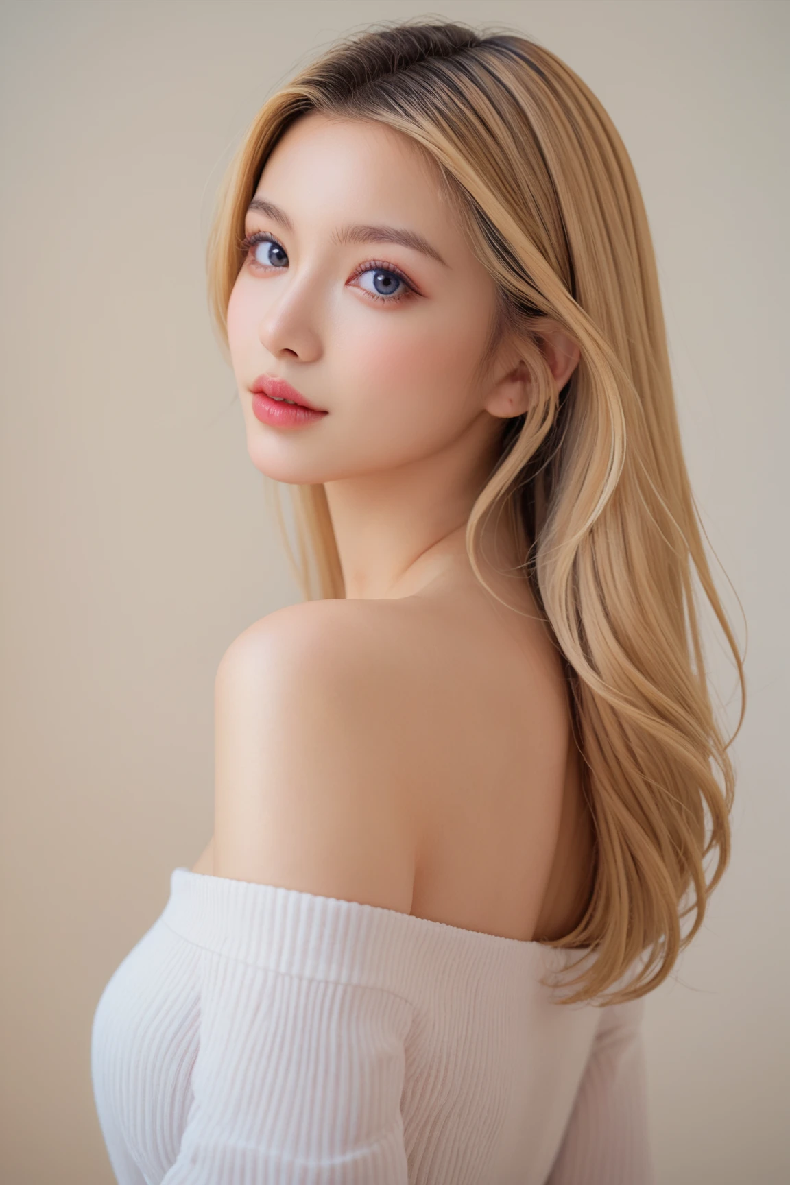 ,score_9,score_8_up,score_7_up, 20 years old, 8k, hd, beautiful girl, black hair, long hair, blonde hair, offshoulder top,
1girl, detailed face, beautiful woman's face, simple background, looking at viewer, upper body,
