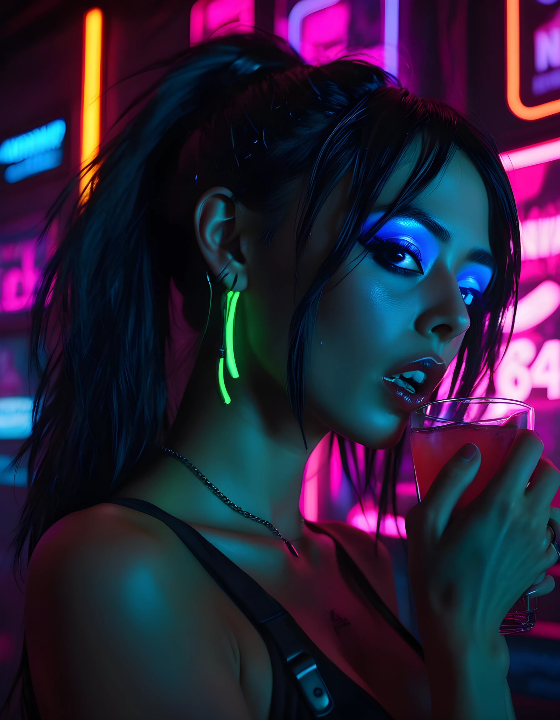 In a grungy, dimly-lit underground cyberpunk nightclub, the silhouette of S4R4D, a woman with black hair cascading down her back, is illuminated by the neon glow of holographic advertisements. Her eyes are hidden behind reflective shades, but her piercing gaze directly engages the viewer, revealing a hint of her cybernetic lip ring and the sharp points of her canine teeth. Her unique outfit, a fusion of leather and synthetics, is adorned with pulsating neon lights, creating an unsettling yet captivating contrast against the dark, industrial setting. The camera angle is low and slightly off-center, highlighting her long, wavy hair falling over one shoulder and casting shadows on her angular cheekbones. Her pose is defiantly confident, one hand resting on her hip while the other holds a glass of neon-colored liquid, her fingers flexed around it as if ready to shatter it at any moment. The emotional tone of the image is intense and edgy, capturing the raw energy and rebellious spirit of this cybernetic beauty in the heart of a dystopian future.