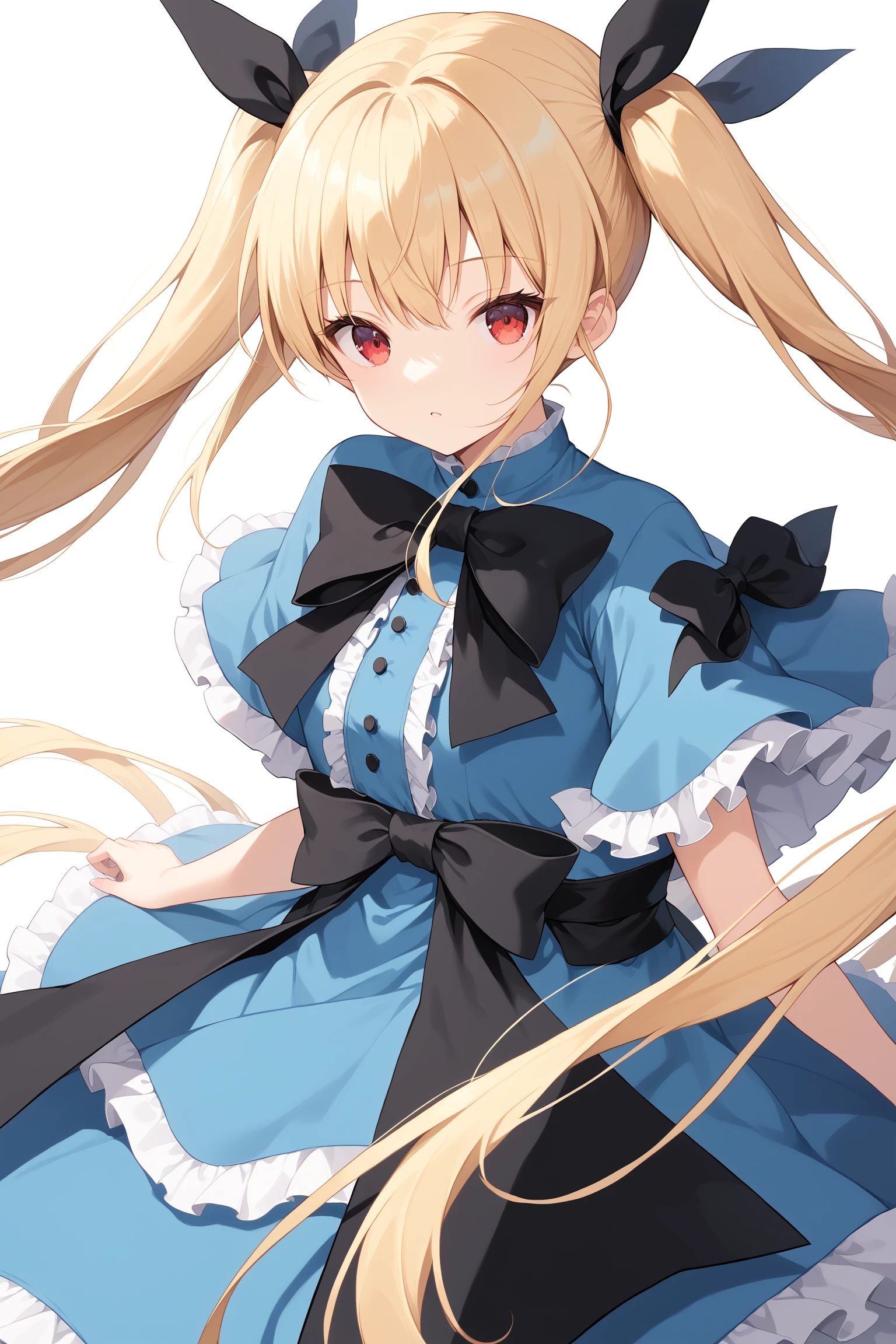 core_9, score_8_up, score_7_up, source_anime, best quality, masterpiece, 1girl, solo, rachel alucard, blonde hair, long hair, twintails, red eyes, bow, hair ribbon, (blue dress:1.4), (summer dress:1.4), frills, very long hair, white background <lora:Rachel_Alucard:1>