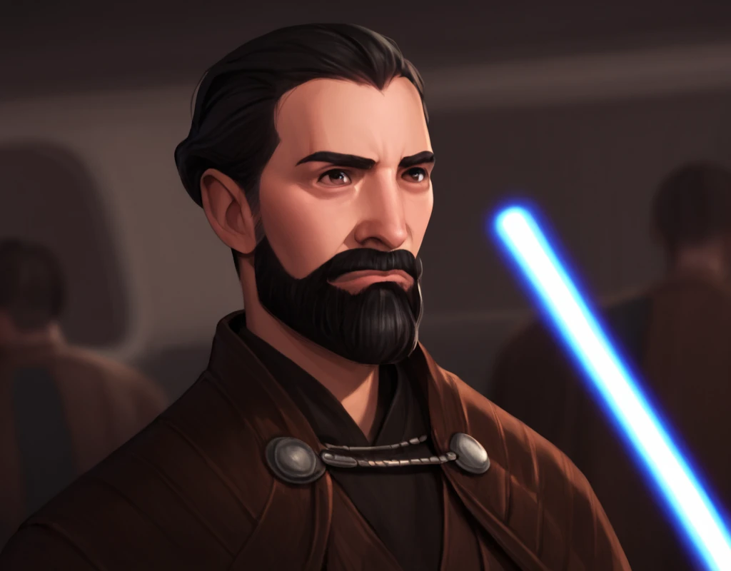 score_9, score_8_up, score_7_up, score_6_up, score_5_up, score_4_up,  photorealistic, realistic,  Young-Dooku, Star Wars, solo, short hair, black hair, 1boy, closed mouth, upper body, beard, mustache, male focus, trousers, boots, lightsaber, blurry background, spacecraft interior, <lora:Younger_Count_Dooku:1>