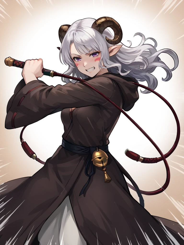 <lora:whip:0.8>solo,  holding weapon, whipping, slashing, whip,source_furry, score_7_up, rating_safe, cowboy shot, gold necklace, tiefing, short pointed ears, brown horns, (a pair of brown sheep Horns that begin at her temples and curve back: 1.5), bangs, long silver hair long wavy hair, pale skin, <lora:whisker_markings:0.8>red whisker_markings ,short pointy ears, purple eyes, <lora:age_slider_v4:0.6>   medium breasts, skinny female, silver hair, <lora:Tieflingnew weird fantasyDND:0.3> Tiefling, pointed ears, horns, half-closed eyes<lora:Smooth Style 2 SDXL_LoRA_Pony Diffusion V6 XL:0.5> bell, robe, hood off, grin, blush, fighting stance,((( whipping:1.2, motion blur, motion lines))), outstretched arms, doyagao,  <lora:incoming_attack:0.5> incoming vertical sword attack, incoming horizontal sword attack