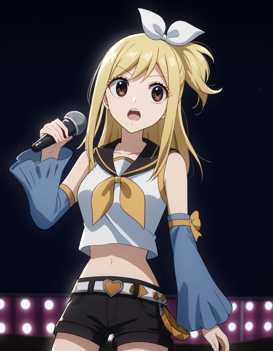 score_9, score_8_up, score_7_up, source_anime, lucyheartfilia, <lora:lucy-heartfilia-s7-ponyxl-lora-nochekaiser:1>, lucy heartfilia, blonde hair, brown eyes, long hair, one side up, ribbon, hair ribbon, blue ribbon,, <lora:rin-kagamine-cosplay-ponyxl-lora-nochekaiser:1>, rinkagaminecosplay, rin kagamine \(cosplay\), bare shoulders, belt, black sailor collar, black shorts, bow, crop top, detached sleeves, grey legwear, grey shorts, grey sleeves, hair bow, leg warmers, neckerchief, sailor collar, school uniform, shirt, short shorts, short sleeves, shorts, white bow, white footwear, white shirt, yellow neckerchief,, indoors, stage, stage lights, audience, singing, microphone, holding microphone,, cowboy shot, dutch angle, solo,