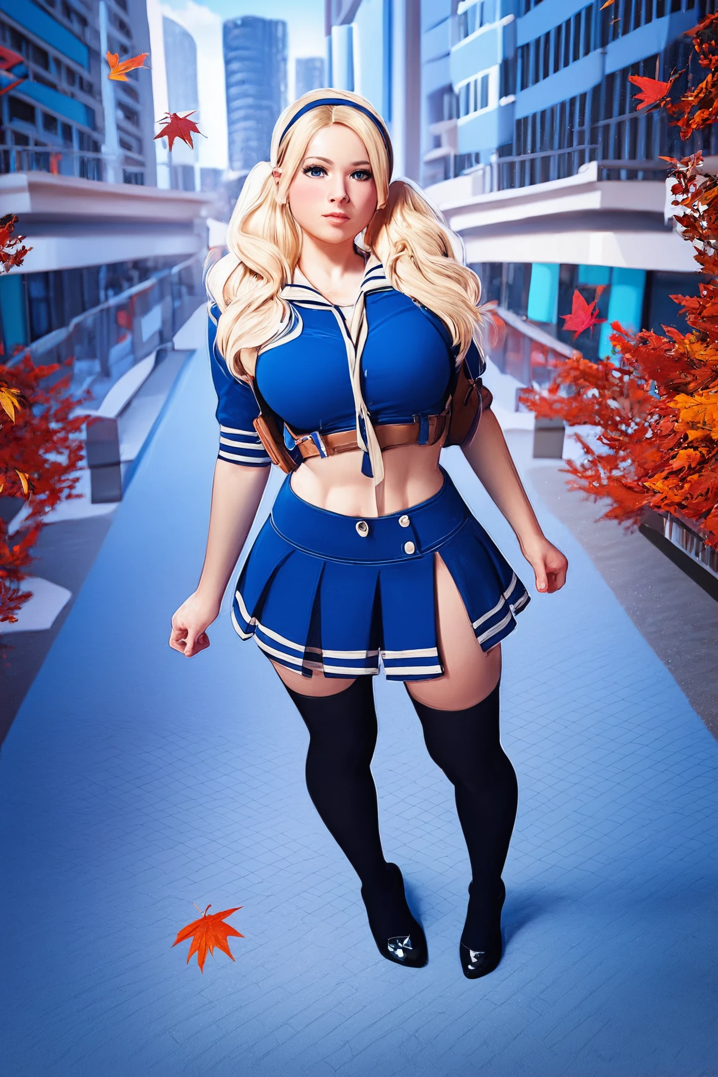 sapbd costume, blue crop top and skirt, thighhighs, blond, midriff,  <lora:babydoll_sapbd_costume:1>
large breasts, 
City park and autumn leaves falling at background,
illustration of woman standing. professional. high quality. highres, full body. beautiful. young. cartoon
score_9, score_8_up, score_7_up, score_6_up