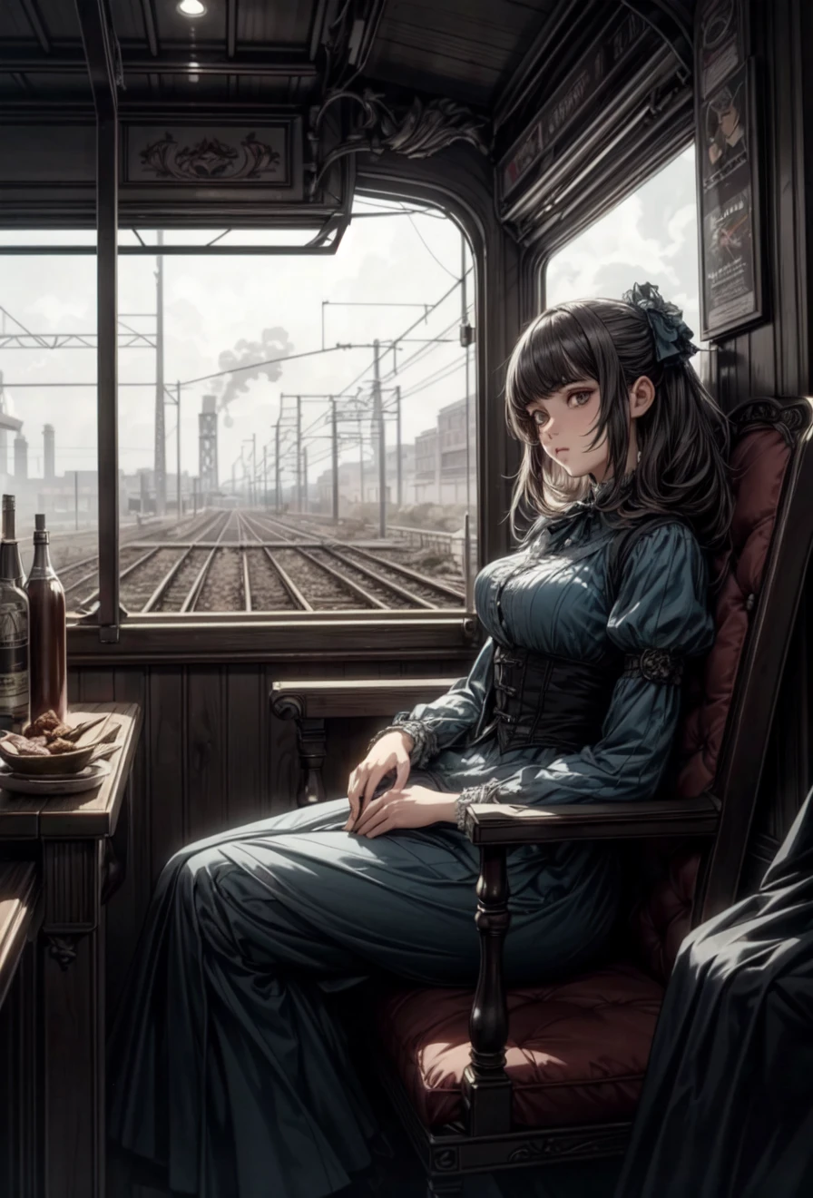 (Silhouette Art), breathtaking manga, industrial revolution, 1woman, wearing 1900s clothing, sitting inside a steampunk train, victorian, cigar dust, cinematic, high fidelity, anime artpiece, masterpiece, insane detail, hyper detailed, textless poster, intricate, AES+F