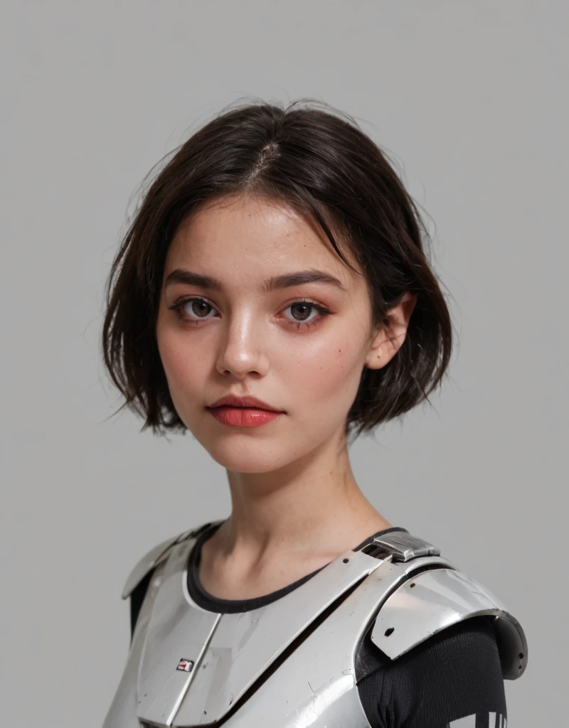 score_9, score_8_up, score_7_up, score_6_up, score_5_up, score_4_up,  photorealistic, realistic, , gray background, spacecraft interior,  Clone-Trooper, Clone-Wars, solo, 1girl, female focus, armor, parody, black hair, short hair, tan skin, red decals, science fiction, <lora:Phase_I_Clone_Trooper:1>