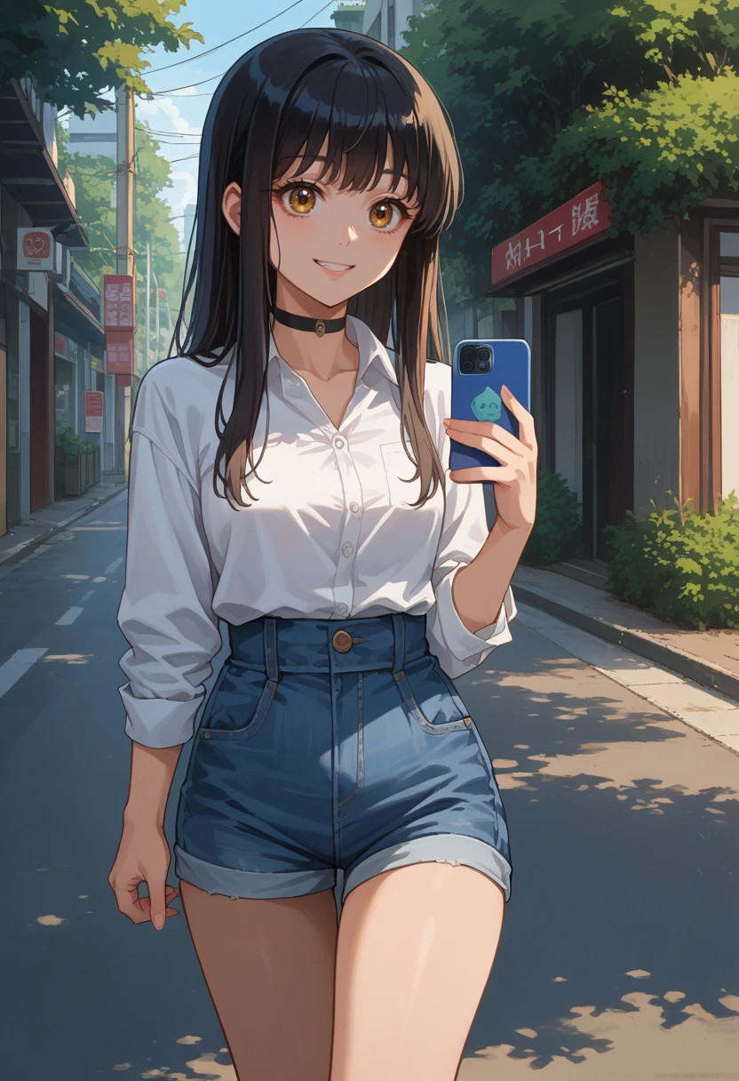 score_9, score_8_up, source_anime, 1girl, solo, YotsuyaMiko, bangs, long hair, white shirt, dress shirt, black choker, holding cellphone, denim shorts, high-waist shorts, outdoors, smile, <lora:ChamYotsuyaMikoPonyXL:1>