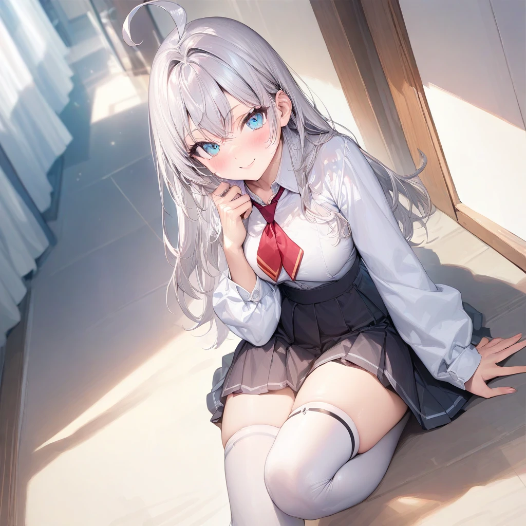 High quality, A detailed, Flat, girl, Lori, flat breast, , half naked, school uniform, blazer, skirt folded, bare breast, sweat like pig, gray hair, Straight hair, Long hair, two side up, black ribbon, brown eyes, blush, hot breath, Opening Mouth, Exposing breasts, sitting on the desk, split legs, Bukkake, White liquid on the face, open the legs widely, bend knee, exposing the genitals, Spread the genitals, Messing with the genitals, White liquid dripping from the genitals, masturbation, in classroom , student boys surrounding, From below