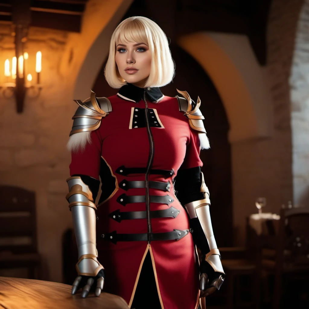 cinematic photo full body portrait 1GIRL,SOLO,BLONDE short HAIR, LARGE BREAST, ARMOR, SHEATH, GAUNTLETS, BOOTS, stands in a medieval tavern <lora:ChaHaeIn1024:0.8> . 35mm photograph, film, bokeh, professional, 4k, highly detailed