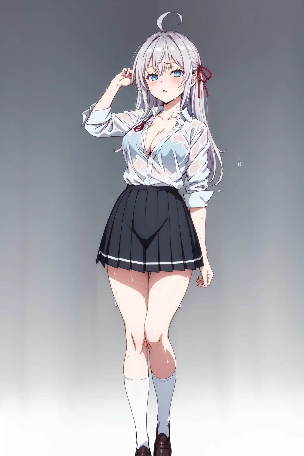 AlisaMikhailovna, 4k, absurd, high resolution, very high resolution, high definition, masterpiece, 1girl, solo, long hair, looking at viewer, blush, blue eyes, skirt, simple background, shirt, white background, ribbon, cleavage, underwear, school uniform, standing, full body, hair ribbon, white shirt, ahoge, pleated skirt, parted lips, shoes, socks, collared shirt, black skirt, bra, red ribbon, wet, see-through, brown footwear, white socks, loafers, wet clothes, sleeves rolled up, shirt tucked in, wet shirt, blue bra, bra visible through clothes, see-through shirt<lora:EMS-418017-EMS:0.800000>