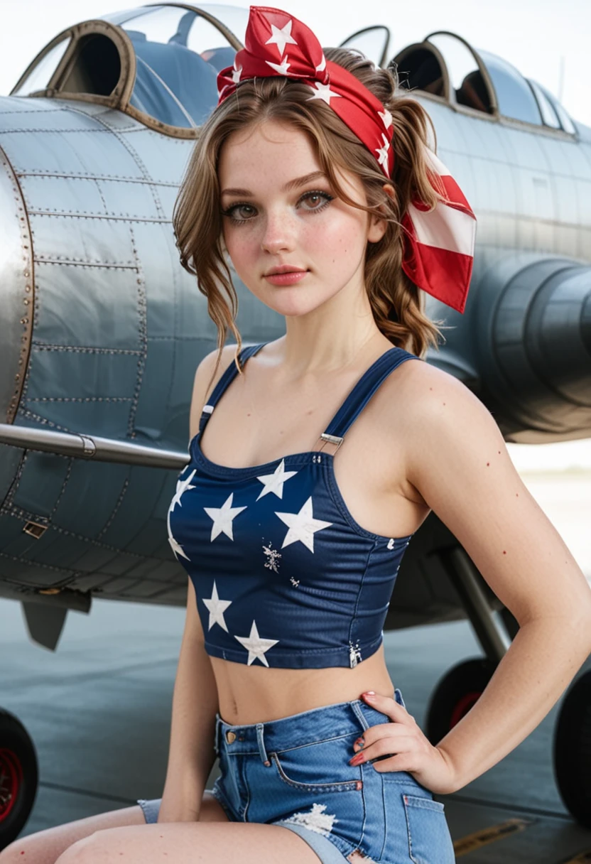 <lora:Jamie - The RBAAG_epoch_10:0.8>j4mi3, 1girl, aircraft, airplane, american flag, armpits, bandana, brown eyes, brown hair, denim shorts, freckles, lips, long hair, looking at viewer, motor vehicle, patriotic, realistic, shorts, subsurface scattering, Photorealistic, Hyperrealistic, analog style, realistic, film photography, soft lighting, heavy shadow