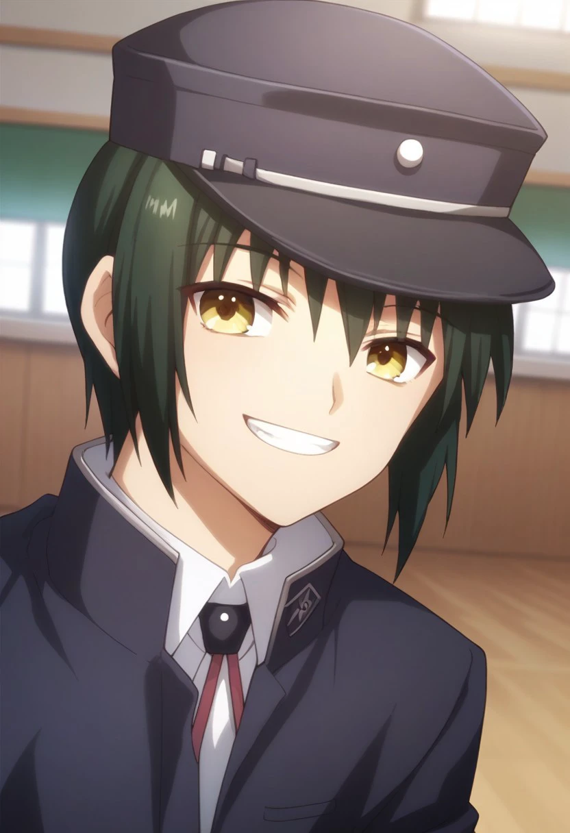 score_9, score_8_up, score_7_up, source_anime, highly detailed, 
ayato, 1boy, male focus, hat, green hair, solo, school uniform, yellow eyes, gakuran, smile,
indoor, classroom, smile, grin,