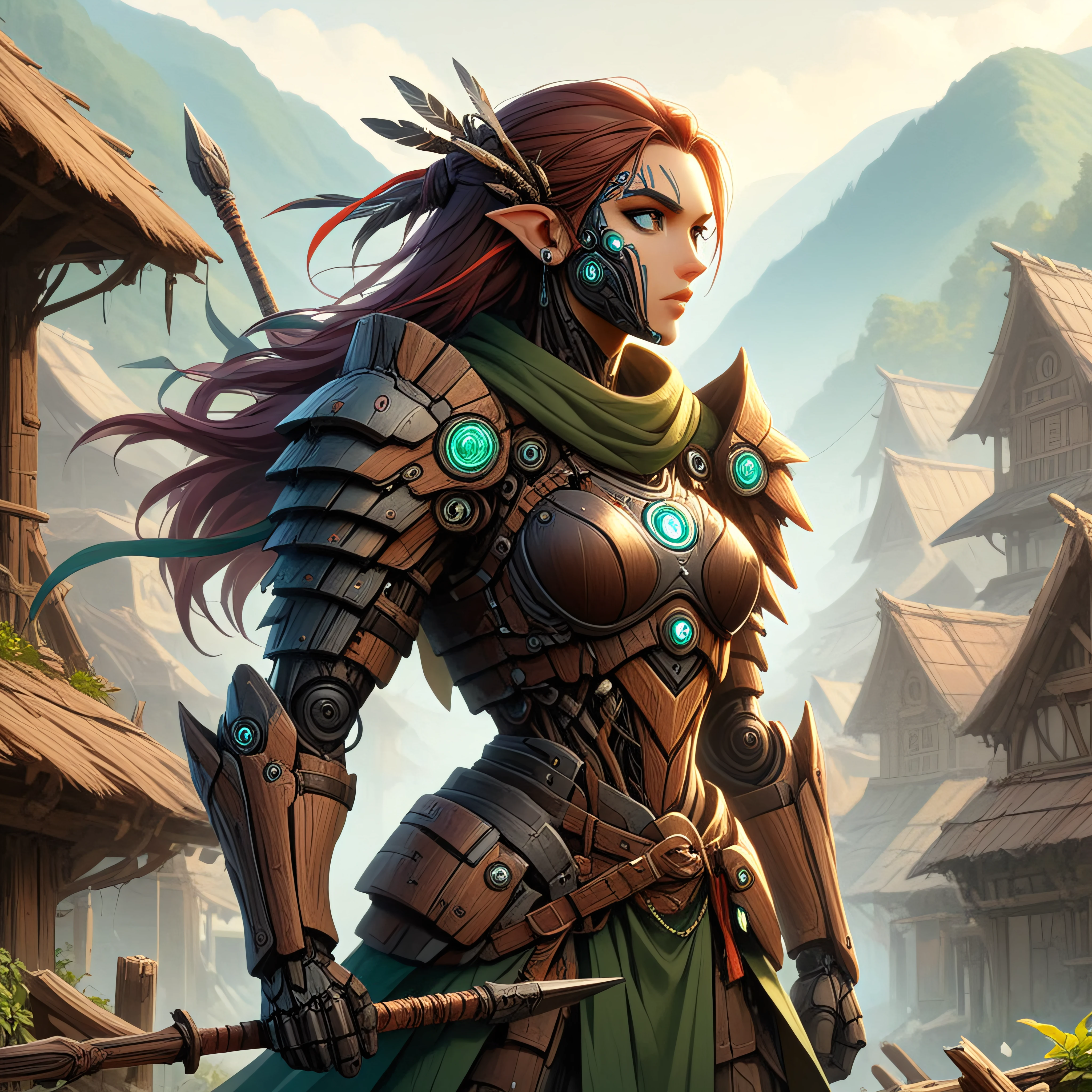 NaturePunk, A spear warrior, wooden and stone arms, armor naturepunk style, village background, pretty face, naturepunk tech warrior