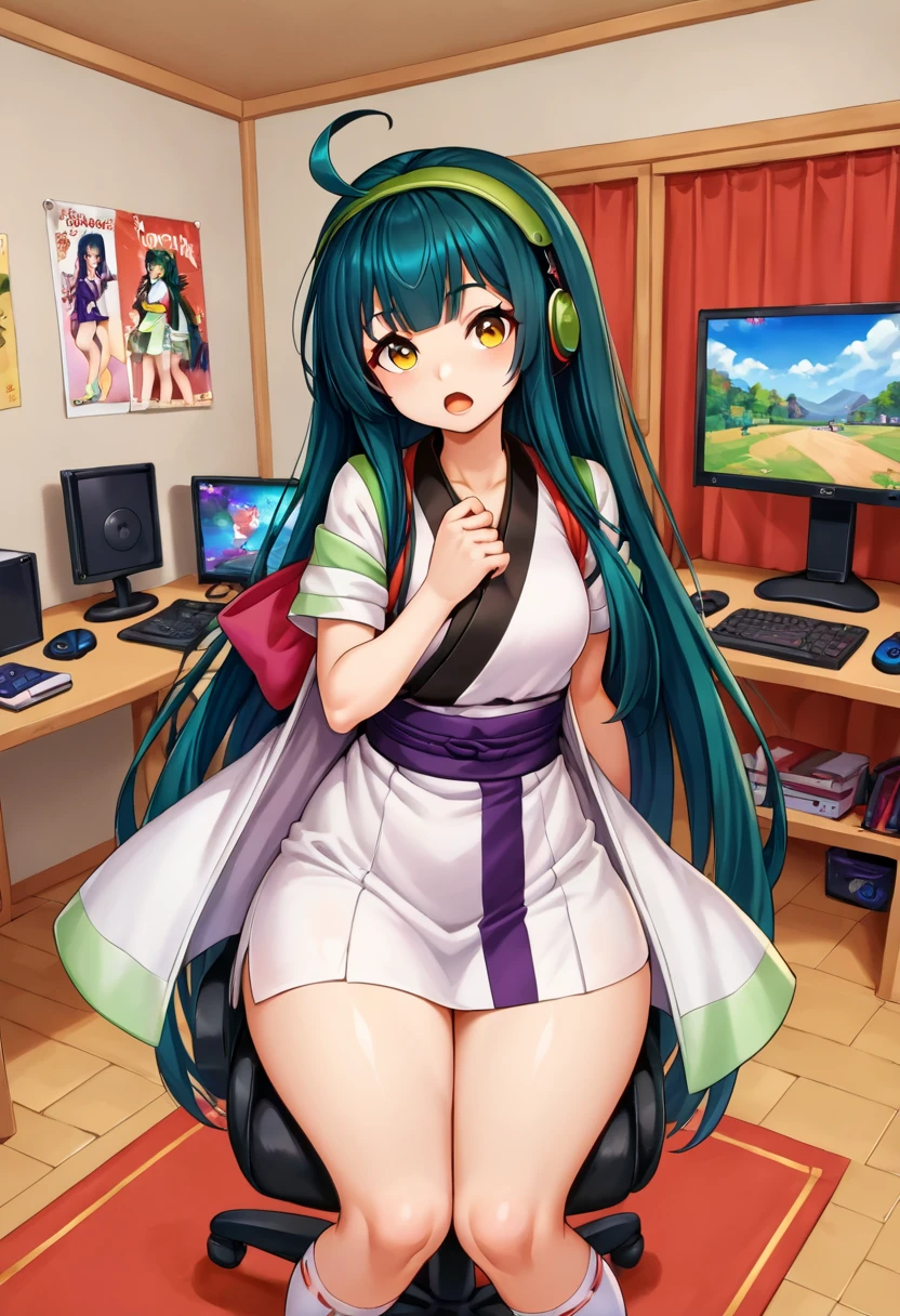 score_9, score_8_up, score_7_up, source_anime, BREAK
1girl,  solo,
 <lora:TohokuZunko_MMD_V1:0.85>Tohoku_Zunko, yellow eyes, brown eyes, large brests, Thick thighs,
blunt bangs,  green hair, very long ahoge ,  very long hair,   low-tied long hair, green hairband, 
white kimono, short kimono, short sleeves, bow, red tasuki,  red ribbon, purple obi, 
sandals,  geta,zouri, tabi, socks,white socks,
(cowboy shot:1.3),(sitting on a chair), 
from front, looking up,, Face,,
looking at viewer,  shocked,, open mouth,
Streamer room, gaming chair, gaming PC, game equipment, controller, TV monitor, PC monitor, headphones, headset, anime poster, game poster,