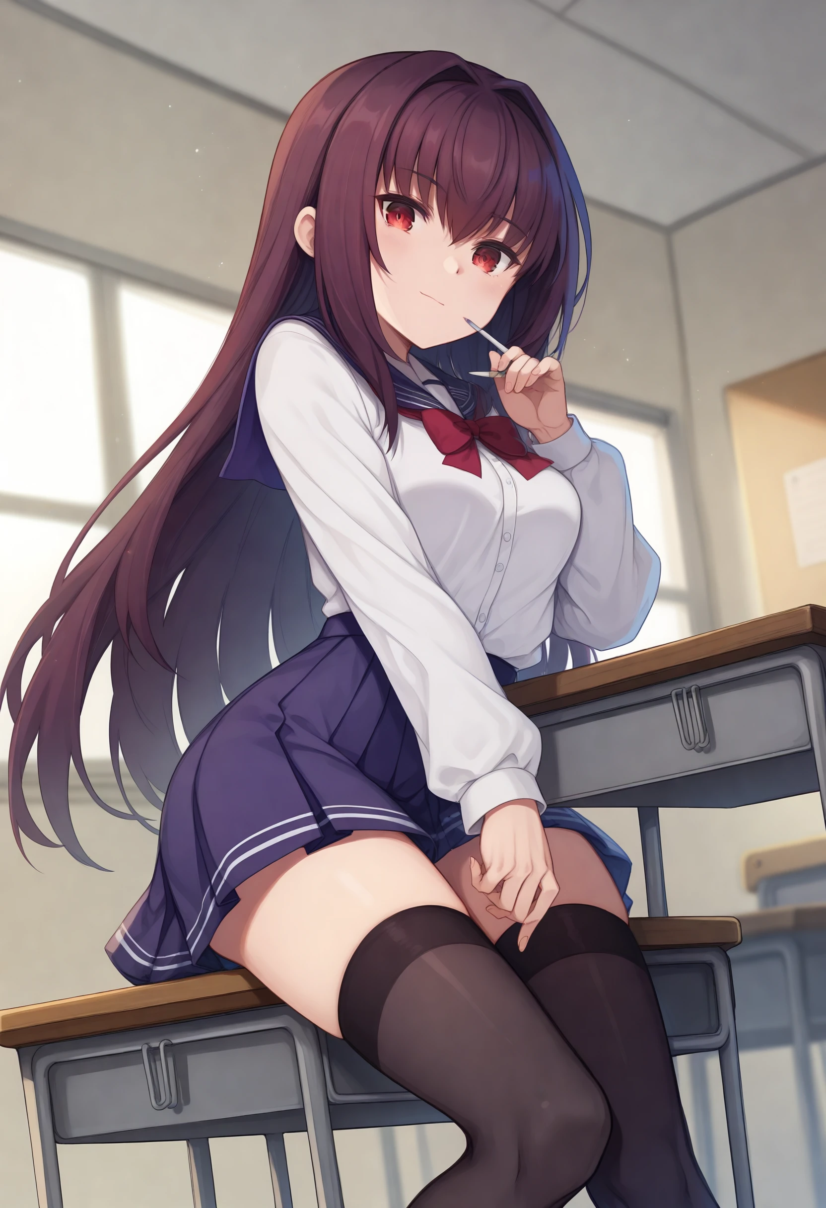 Best quality at best,High_Resolution,distinct_image,detailed back ground,Kizi,dampness,nakeness,Creampie,Flushing,Classroom,Blue school uniform, Mini skirt, Pink cheeks, Red lips, A shy look, Seductive, Coquettish figure,On the desk