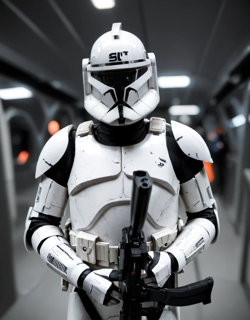 score_9, score_8_up, score_7_up, score_6_up, score_5_up, score_4_up,  photorealistic, realistic, , blurry background, spacecraft interior,  Clone-Trooper, Clone-Wars, solo, 1boy, holding, male focus, weapon, holding weapon, armor, gun, parody, helmet, holding gun, rifle, sniper rifle, <lora:Phase_I_Clone_Trooper:1>