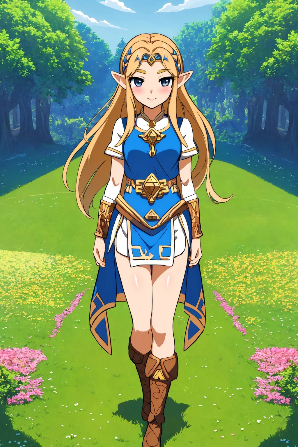 masterpiece, ultra-detailed, best quality, illustration, 8k cg wallpaper, an extremely delicate and beautiful, 1girl, Princess Zelda /(The Legend of Zelda/), solo, perfect anatomy, smiling, blushing, perfect arms, perfect legs, cute, pretty, beautiful, sexy, perfect body, (background: flowery field, grass, trees, flowers, ruins, intricately detailed items in background), <lora:WC_SD:1>