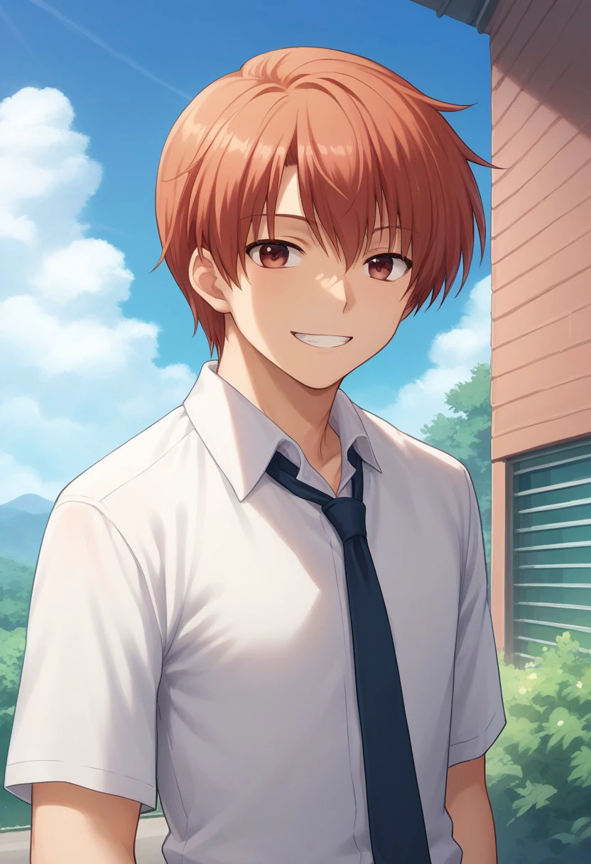 score_9, score_8_up, score_7_up, source_anime, highly detailed, 
yuzuru, 1boy, male focus, necktie, solo, sky, open mouth, cloud, day, shirt, outdoors, white shirt, red hair, red eyes, smile, grin,
outdoor, sky, tree,