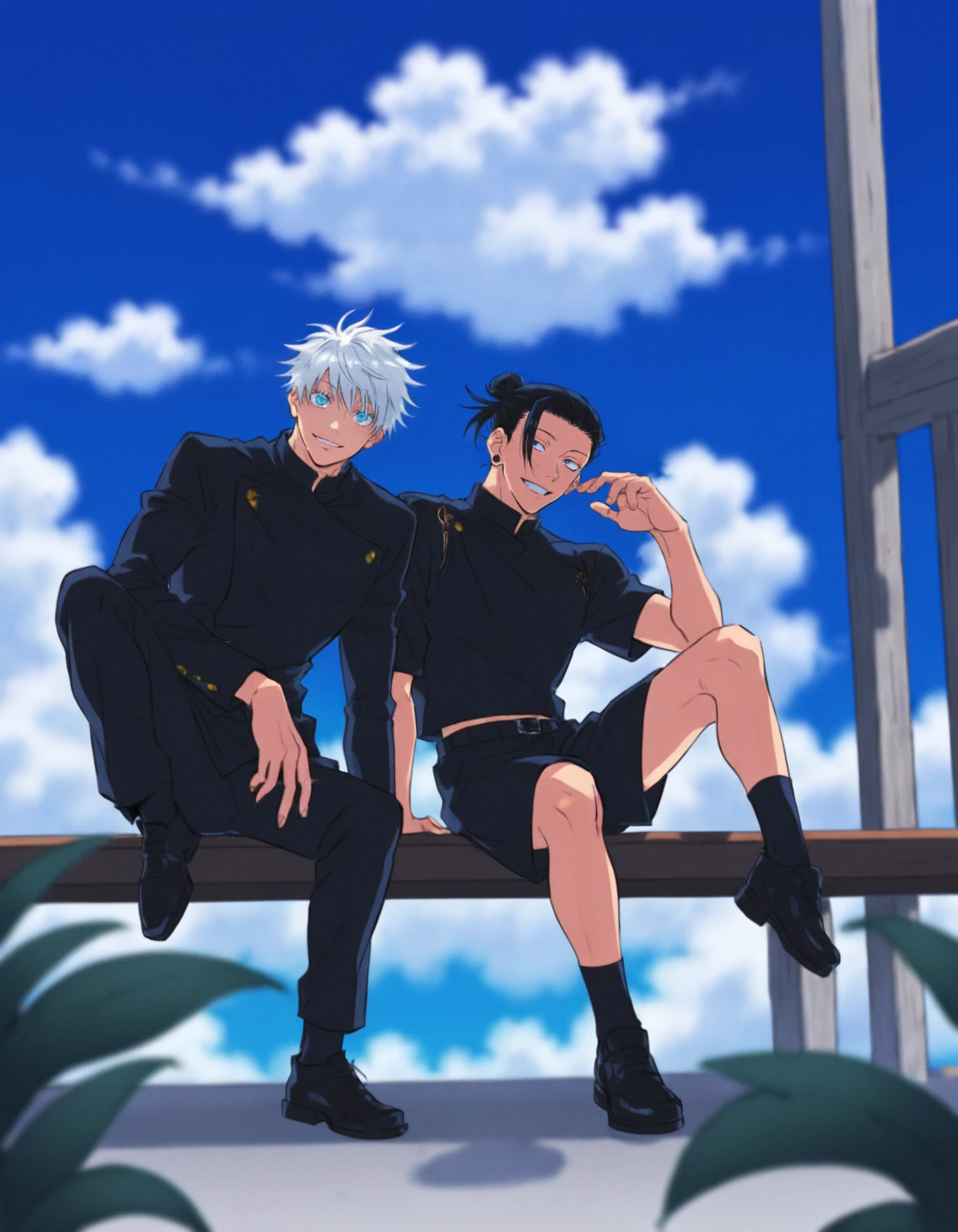 2boys, 1 getou suguru, sitting on bench, 1 gojou satoru, smile, gakuran, black footwear, blue sky, cloudy sky, perspective, <lora:yoneyama_mai:0.7>