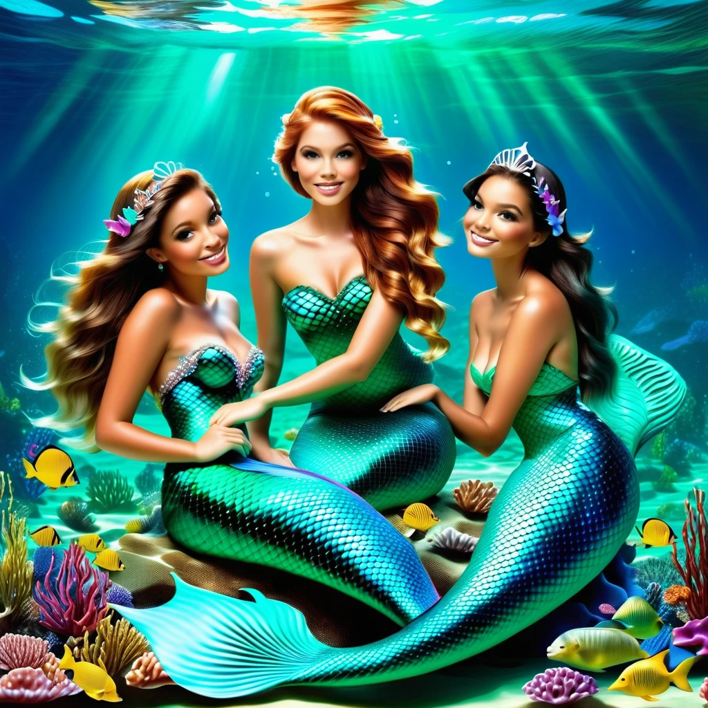 1girl, 2girls, mermaid