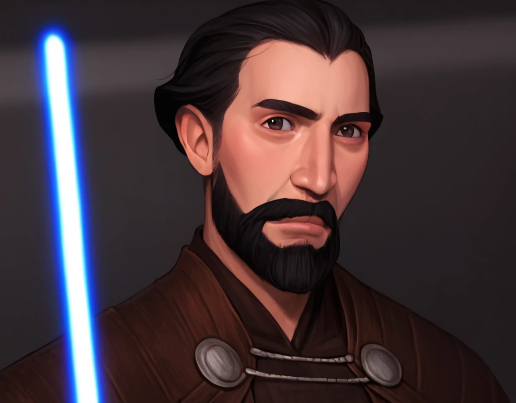 score_9, score_8_up, score_7_up, score_6_up, score_5_up, score_4_up,  photorealistic, realistic,  Young-Dooku, Star Wars, solo, short hair, black hair, 1boy, closed mouth, upper body, beard, mustache, male focus, trousers, boots, lightsaber, blurry background, spacecraft interior, <lora:Younger_Count_Dooku:1>